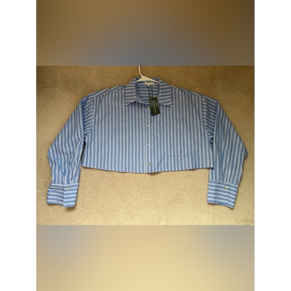 NIA South Moon Under Striped Cropped Button Down Shirt Blue‎ White L NWT